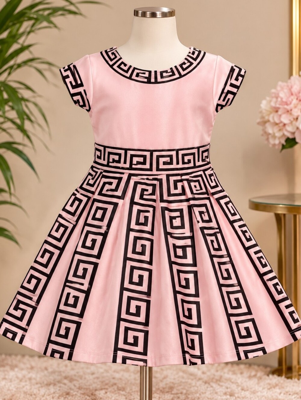 Sleeveless Pink Geometric Border Fit-and-Flare Dress